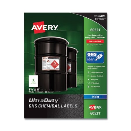 Avery Dennison Avery, ULTRADUTY GHS CHEMICAL WATERPROOF AND UV RESISTANT LABELS, 8.5 X 11, WHITE, 50PK 60521